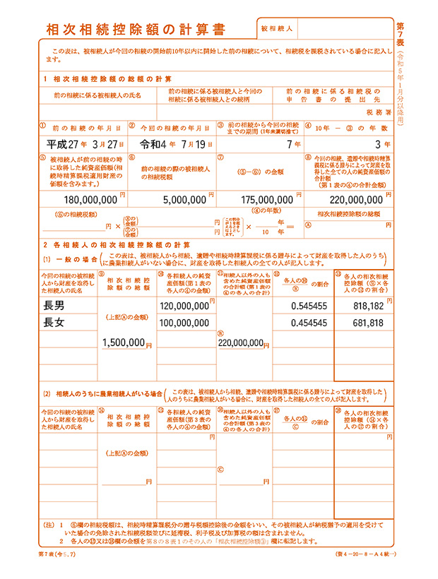 相次相続控除申告書の記載例