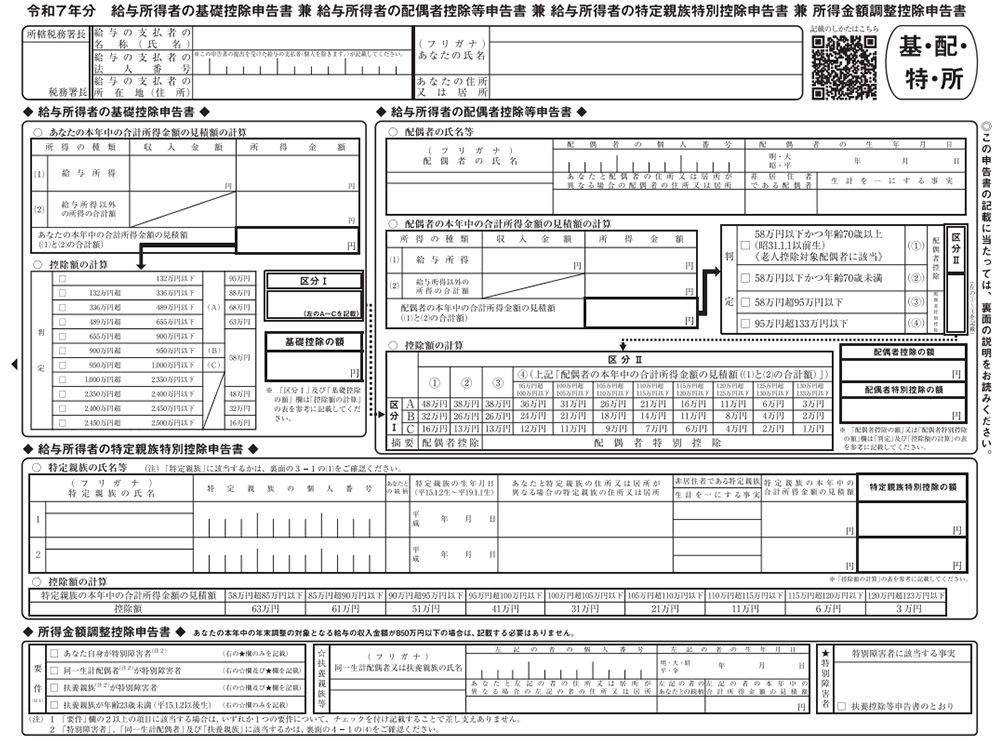 給与所得者の基礎控除申告書 兼 給与所得者の配偶者控除等申告書 兼 給与所得者の特定親族特別控除申告書 兼 所得金額調整控除申告書